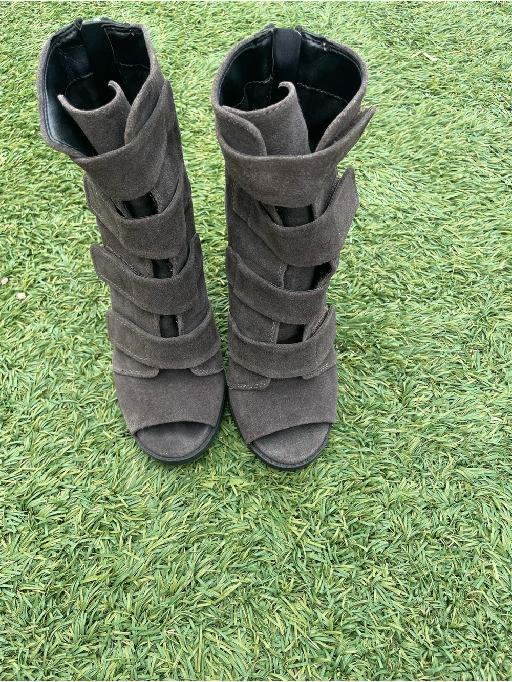 DKNY Gray Suede Strappy Open-Toe Heeled Boots